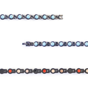 Close-up of Obsidian Tide bracelet showing round turquoise crystal links.